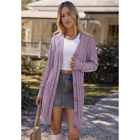 Women Autumn V Neck Elegant Knitted Sweater Button Cardigan. Purple. Pockets L - Picture 2 of 10